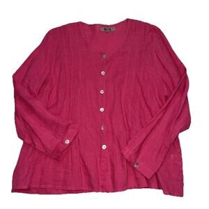 FLAX Linen Shirt Tunic Women Size L Bright Pink Long Sleeve Pleated Swing Button